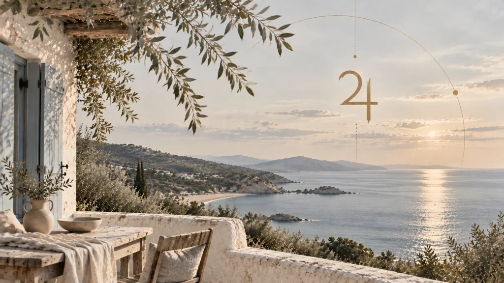 Mediterranes Haus mit Terrasse und Blick auf das Meer. Am Himmel das astrologische Jupiter-Symbol mit einem feinen goldenen Kreisbogen